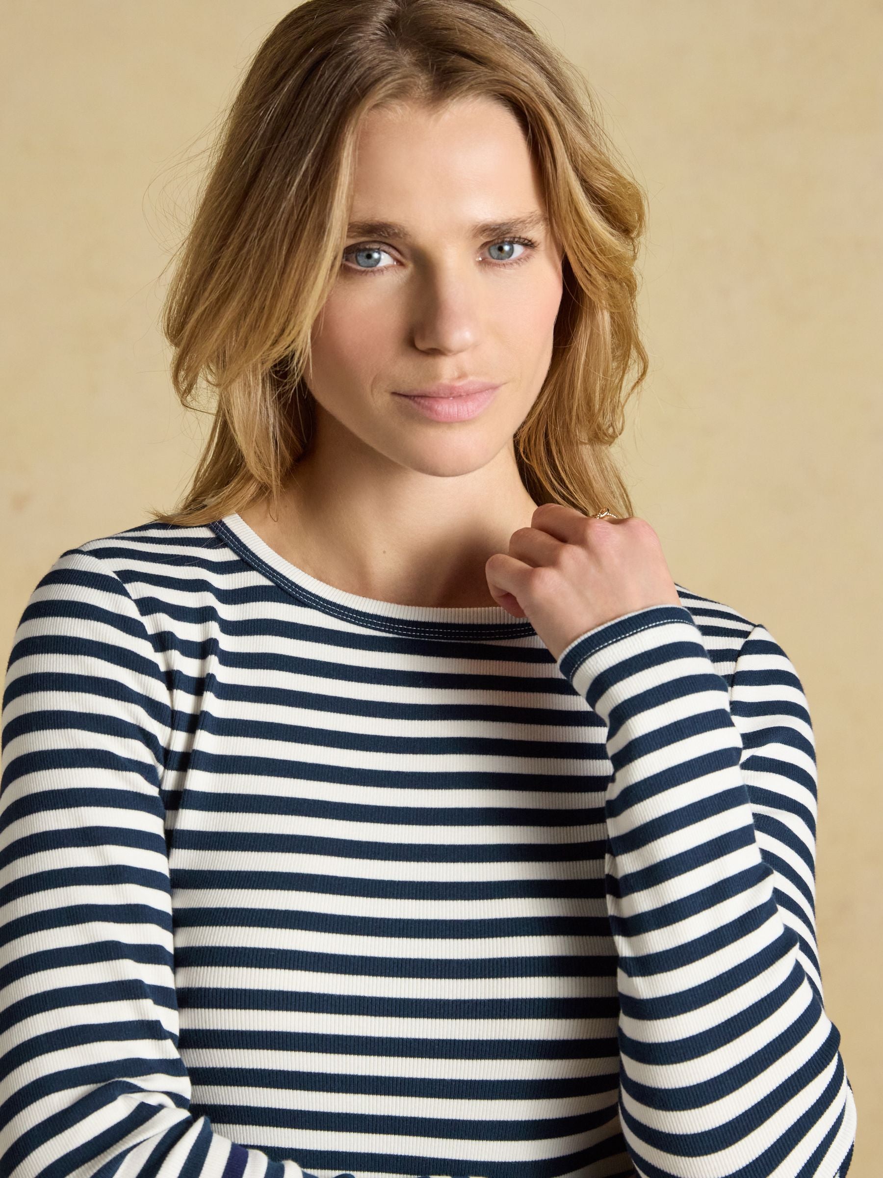 Joules Sophie Navy Striped Ribbed Fitted Long Sleeve T-Shirt for women | Equiflair