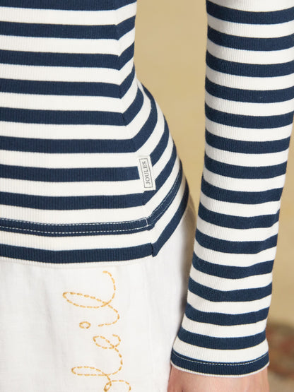 Joules Sophie Navy Striped Ribbed Fitted Long Sleeve T-Shirt - Soft Cotton Blend