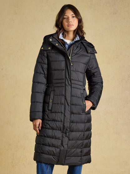 Women's black Joules longline hooded puffer coat - showerproof & warm insulation