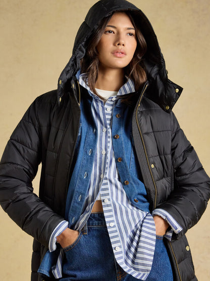 Women's Joules Windborough longline hooded showerproof padded coat in black.