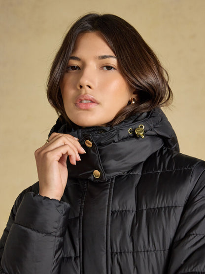 Joules women's black padded coat with hood - showerproof longline winter jacket