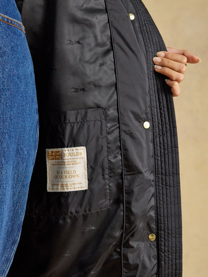 Joules black longline padded coat interior tag with horse pattern lining