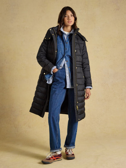 Women's Black Joules Windborough Longline Showerproof Padded Coat with Hood