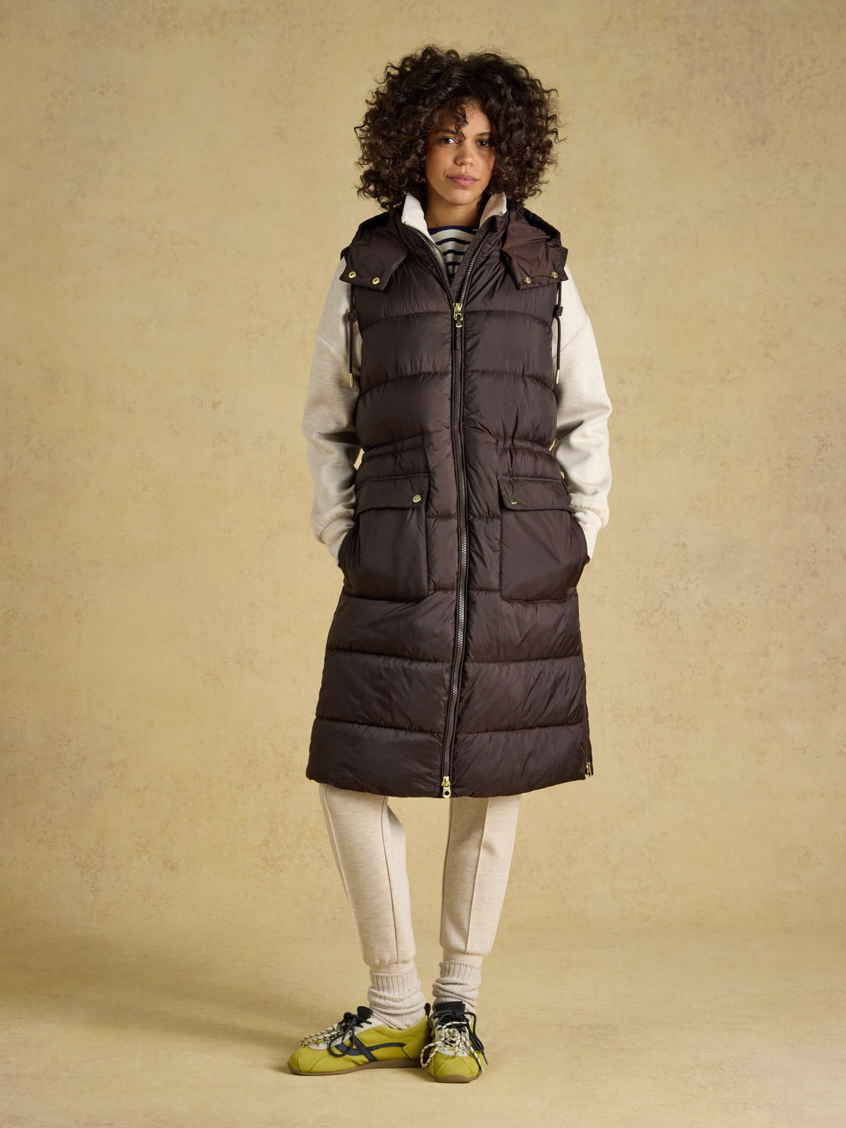 Joules women's chocolate brown showerproof longline padded gilet - versatile layering