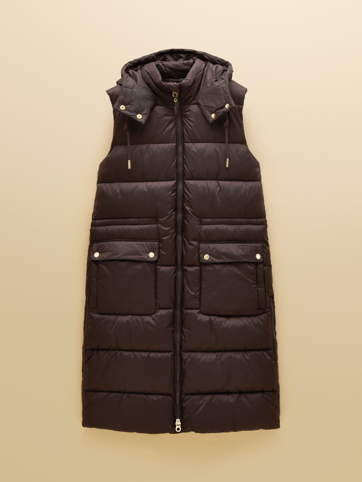 Women's Joules Chocolate Brown Hooded Longline Padded Gilet - Showerproof & Warm