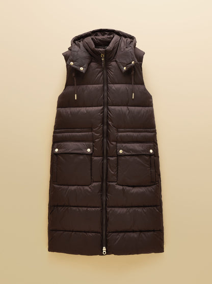 Women's Joules Chocolate Brown Hooded Longline Padded Gilet - Showerproof & Warm