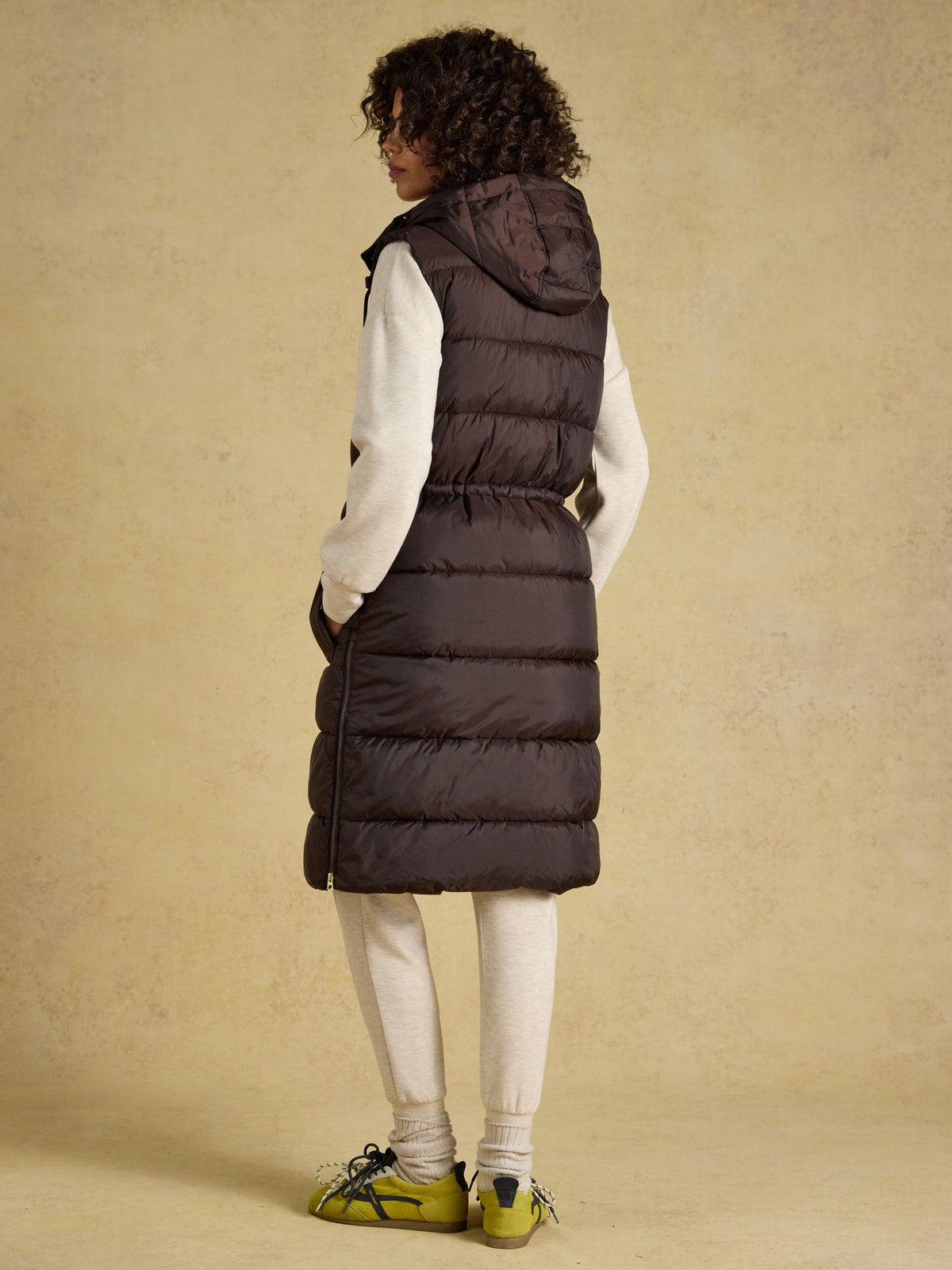 Women's Joules chocolate brown showerproof longline padded gilet | Warm winter fashion gilet