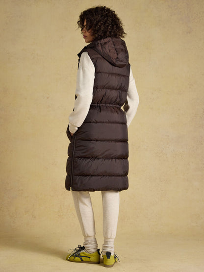 Women's Joules chocolate brown showerproof longline padded gilet | Warm winter fashion gilet