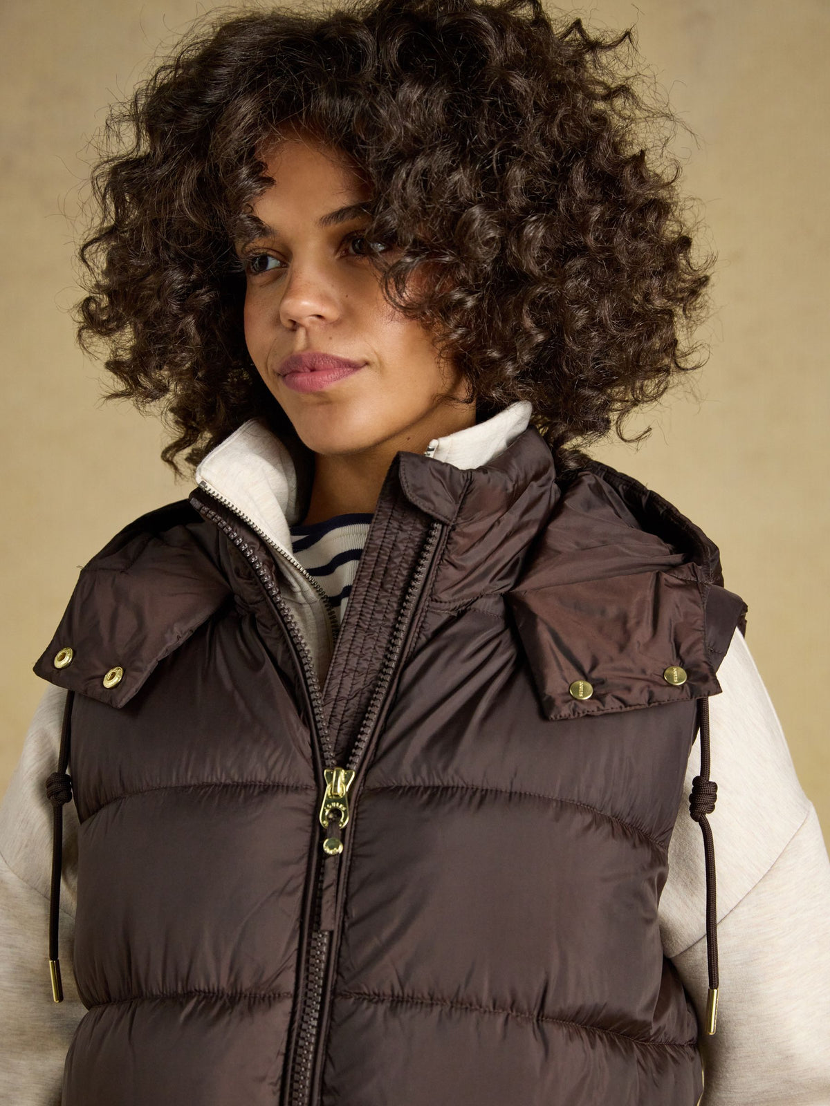 Joules chocolate brown showerproof longline puffer vest for women