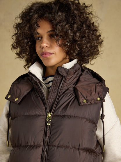 Joules chocolate brown showerproof longline puffer vest for women