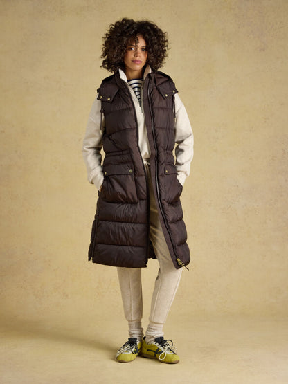 Women's Joules Chocolate Brown Showerproof Longline Padded Gilet