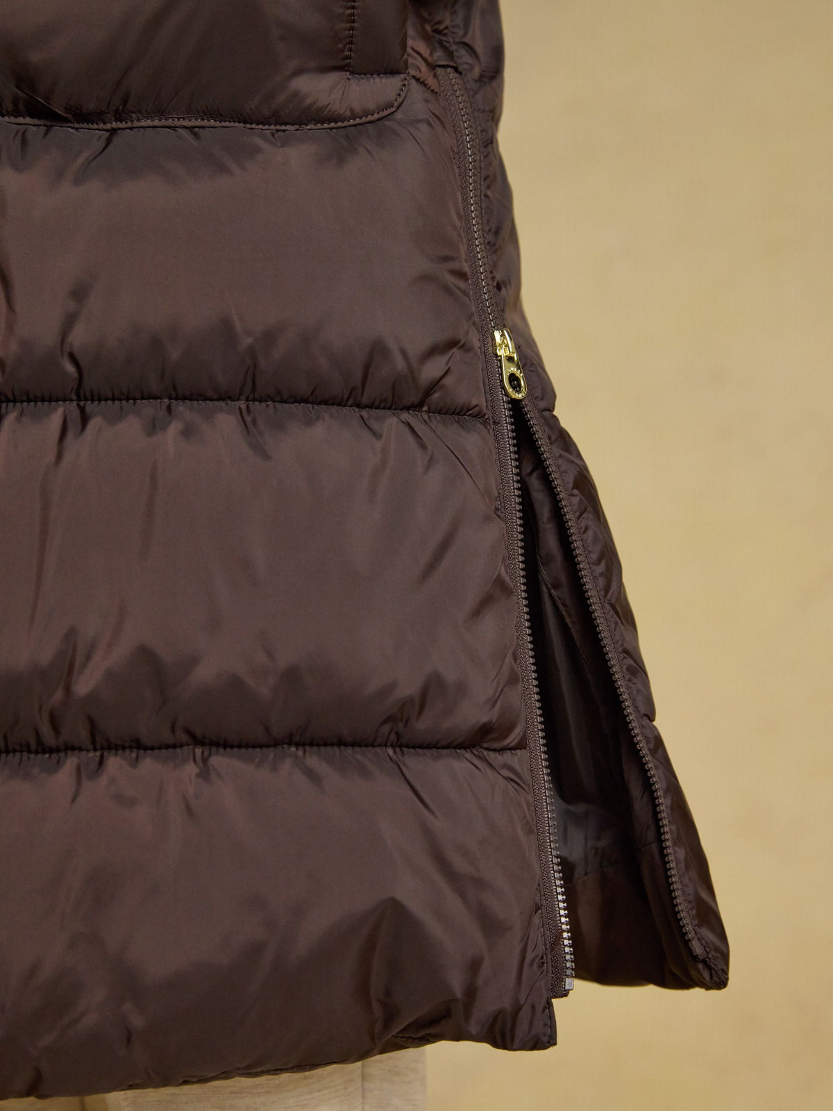 Joules Women's Chocolate Brown Showerproof Longline Padded Gilet with Gold Zipper Detail