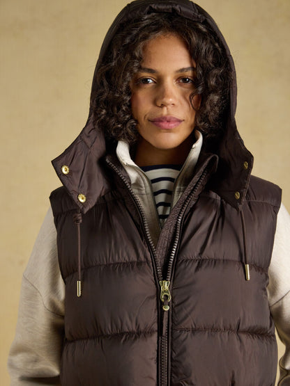 Joules women's chocolate brown showerproof longline padded gilet