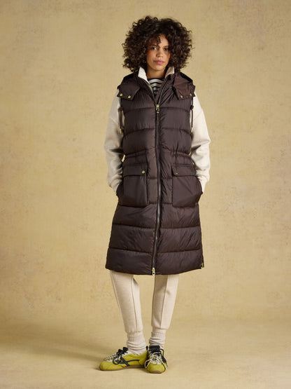 Women's Joules Chocolate Brown Showerproof Longline Padded Gilet - Warm & Versatile Layering