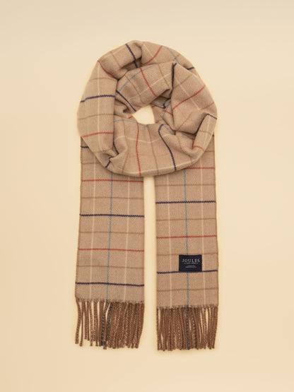 Joules Langtree Neutral Check Scarf | Women's warm wool blend scarf with tassel fringe