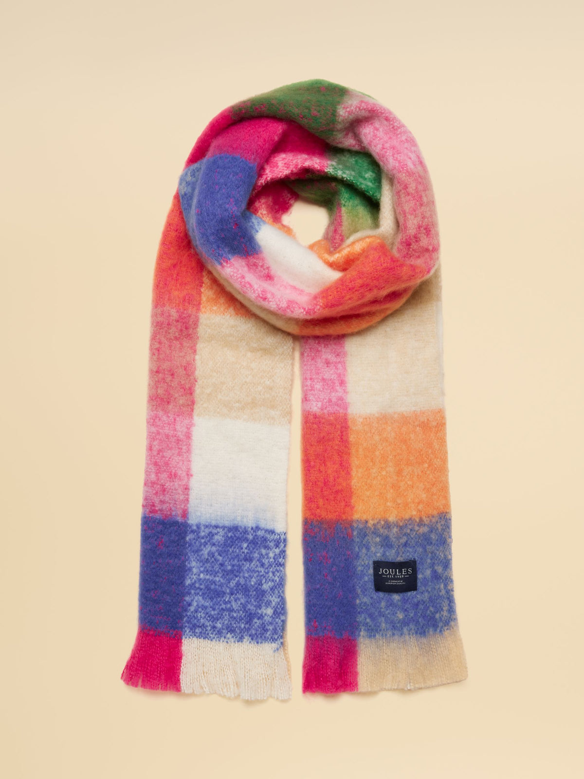 Women's Joules scarf, bright multi gingham, plush, cozy brushed weave