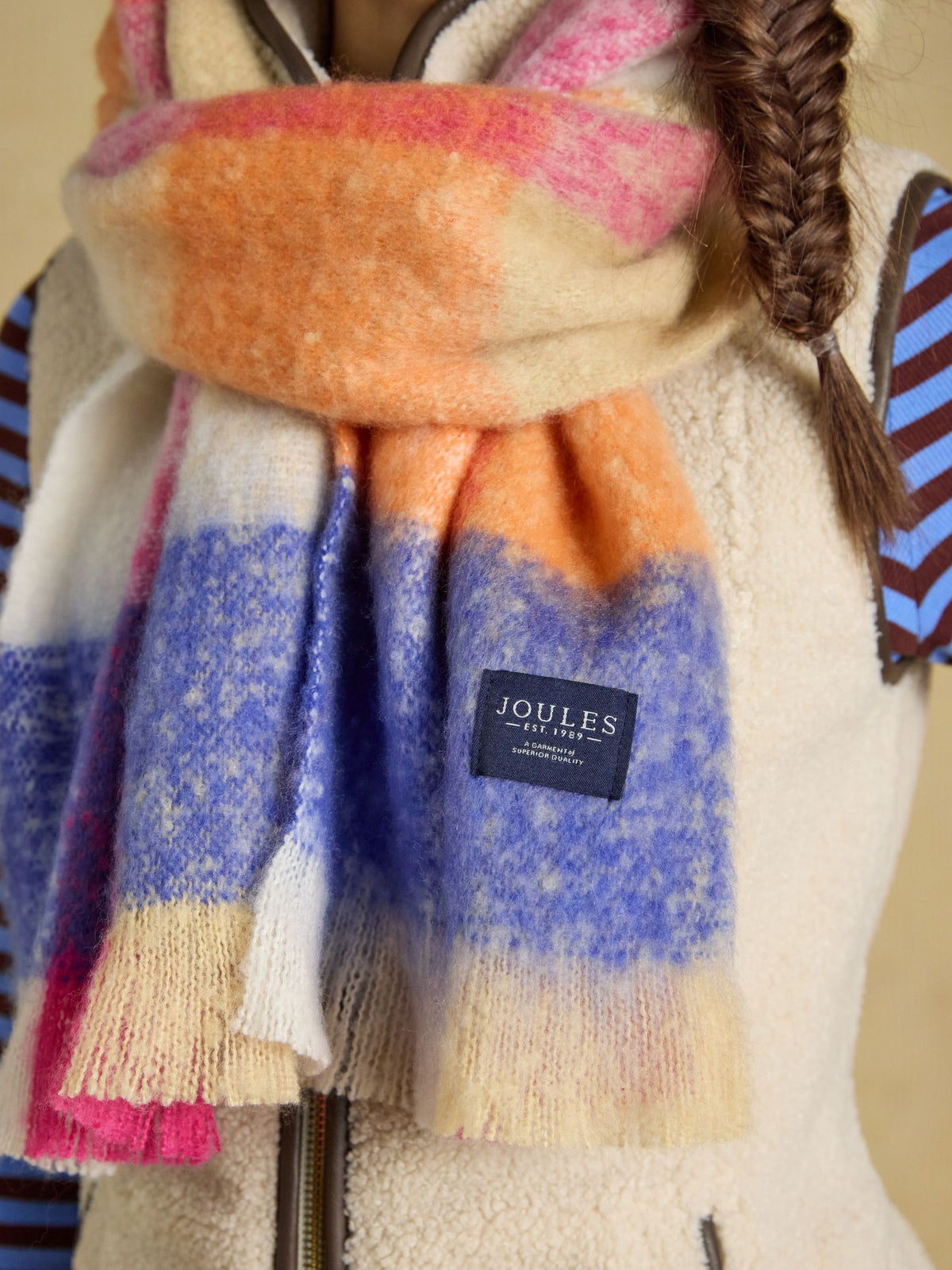 Joules Women's Oversized Scarf - Bright Multi Gingham Plaid with Tassel Edges
