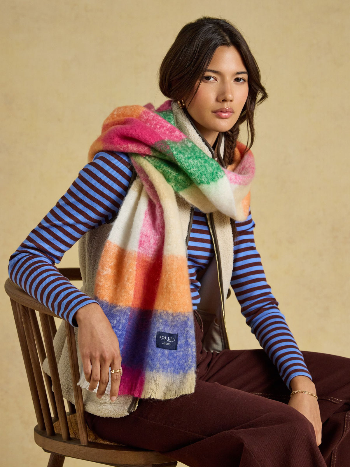 Women's Joules Betsy Brushed Scarf: Oversized Bright Multi Check, Plush & Warm