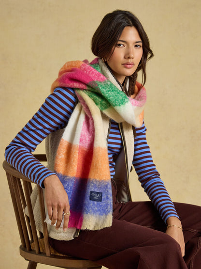Women's Joules Betsy Brushed Scarf: Oversized Bright Multi Check, Plush & Warm