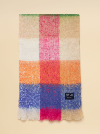 Joules Women's Bright Multi Gingham Plaid Brushed Polyester Oversized Scarf