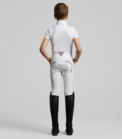 Boys Riding Breeches: PREMIER EQUINE White Competition Breeches with Gel Knee Patches for Equestrian Performance.