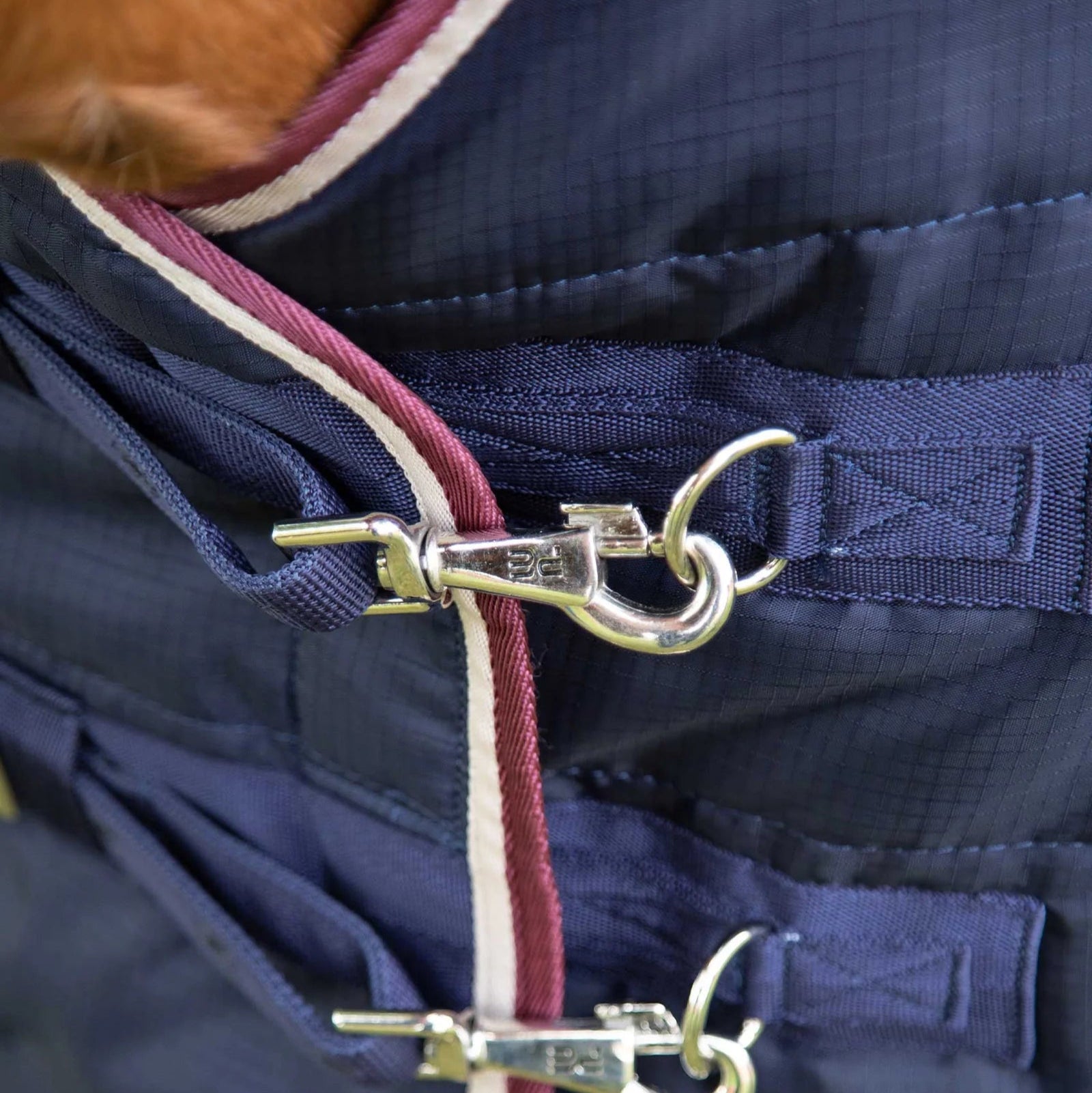 Premier Equine Garissa 100g Stable Rug Navy: Close-up of fastening details. Lightweight horse rug with stainless steel hardware.
