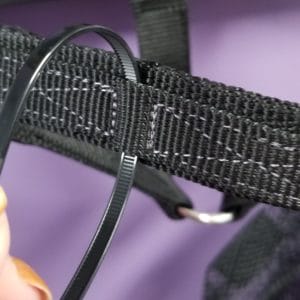 ThinLine Breakaway Headcollar Detail: Adjustable zip tie on Equiflair field safe horse halter - safety feature.