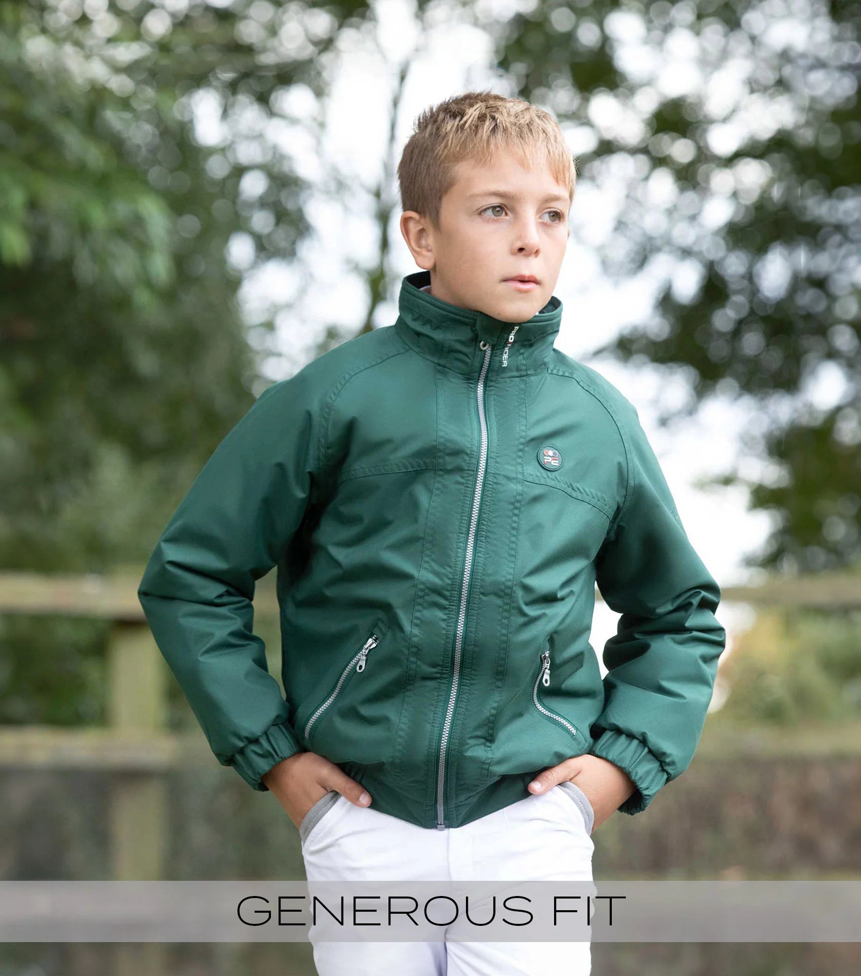 Junior Riding Jacket: Boy Rider in Green Waterproof Equine Coat | Premier Equine