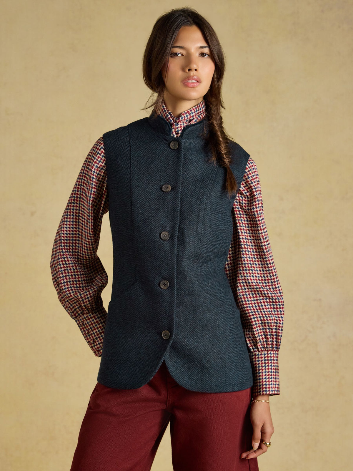 Joules Women's Navy Herringbone Tweed Wool Blend Nehru Collar Gilet Vest