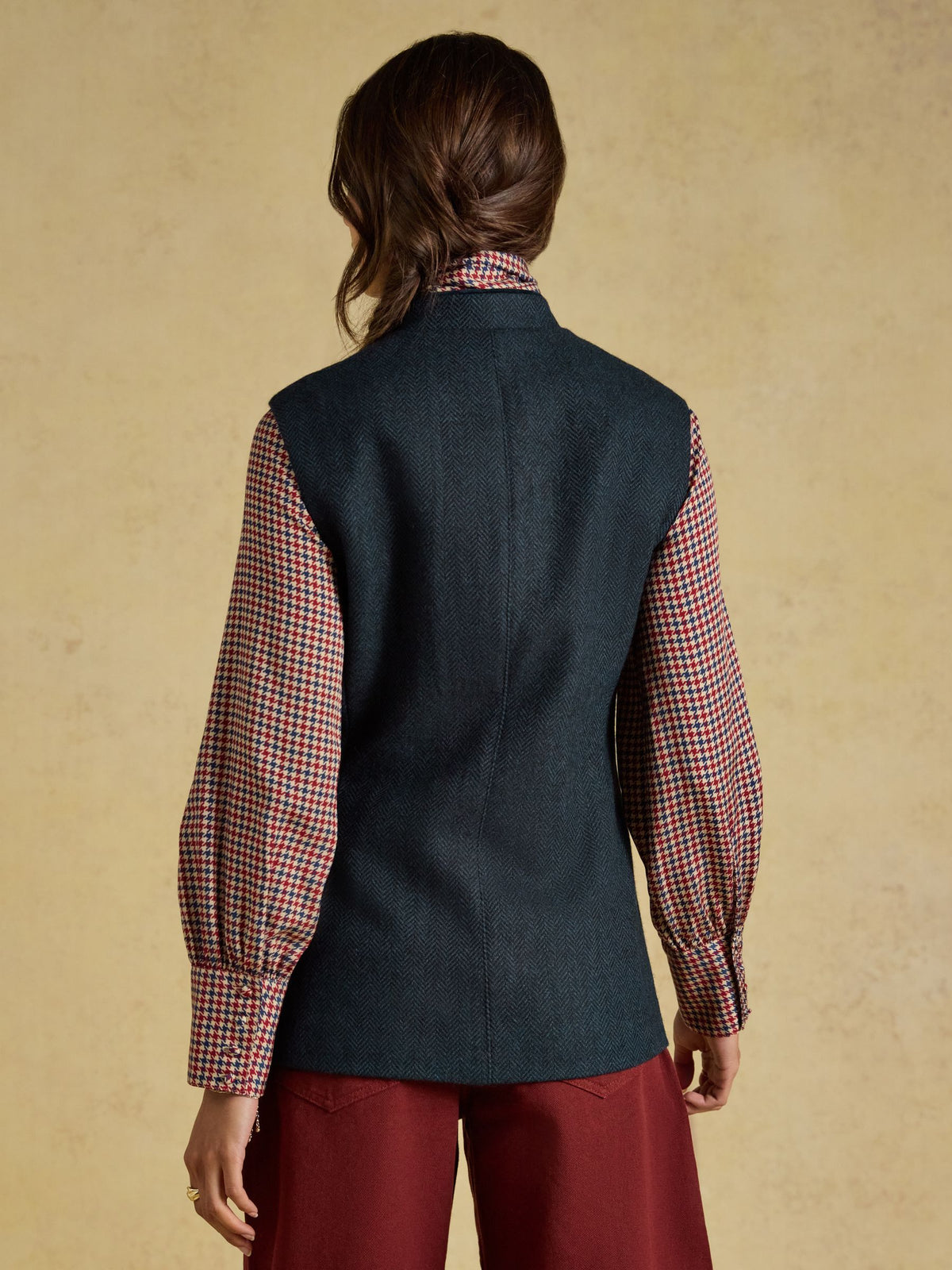 Women's Joules navy herringbone tweed Nehru collar gilet, wool blend, back view.
