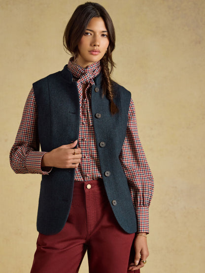 Joules women's navy herringbone tweed wool blend Nehru collar gilet vest for country style layering.