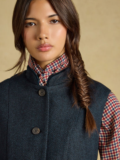 Joules navy tweed gilet for women, herringbone wool blend waistcoat with Nehru collar