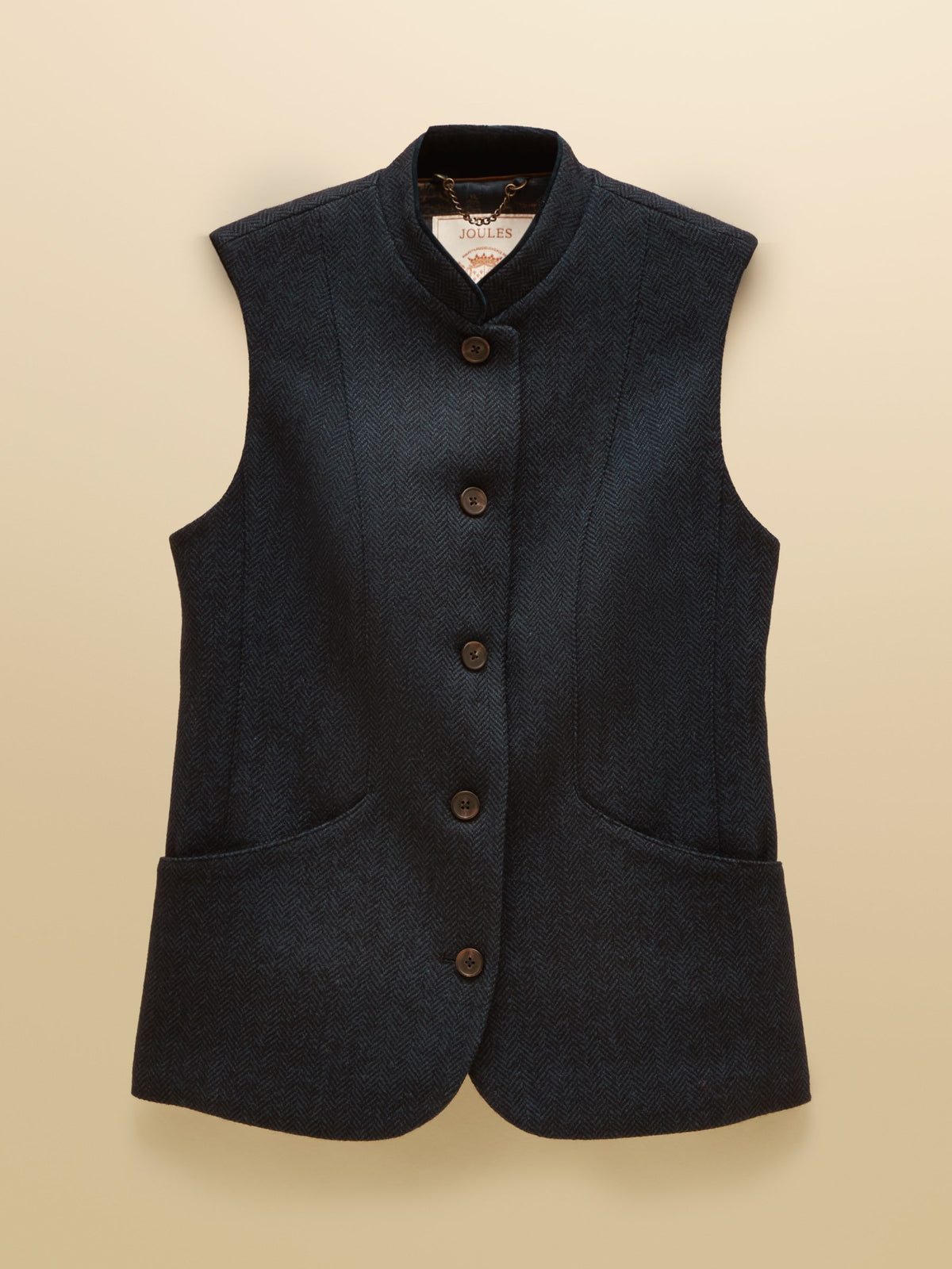 Joules women's navy herringbone tweed wool blend Nehru collar gilet sleeveless jacket
