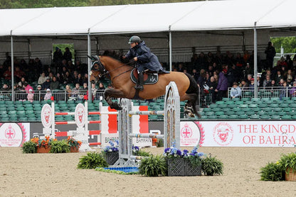 Horse and rider jumping at Royal Windsor Horse Show in a navy EQUIDRY coat. Equestrian sport competition.