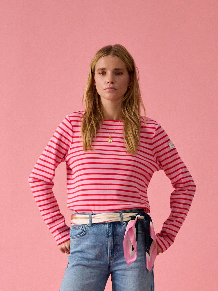Joules Harbour Pink & Red Striped Boat Neck Long Sleeve Breton Top
