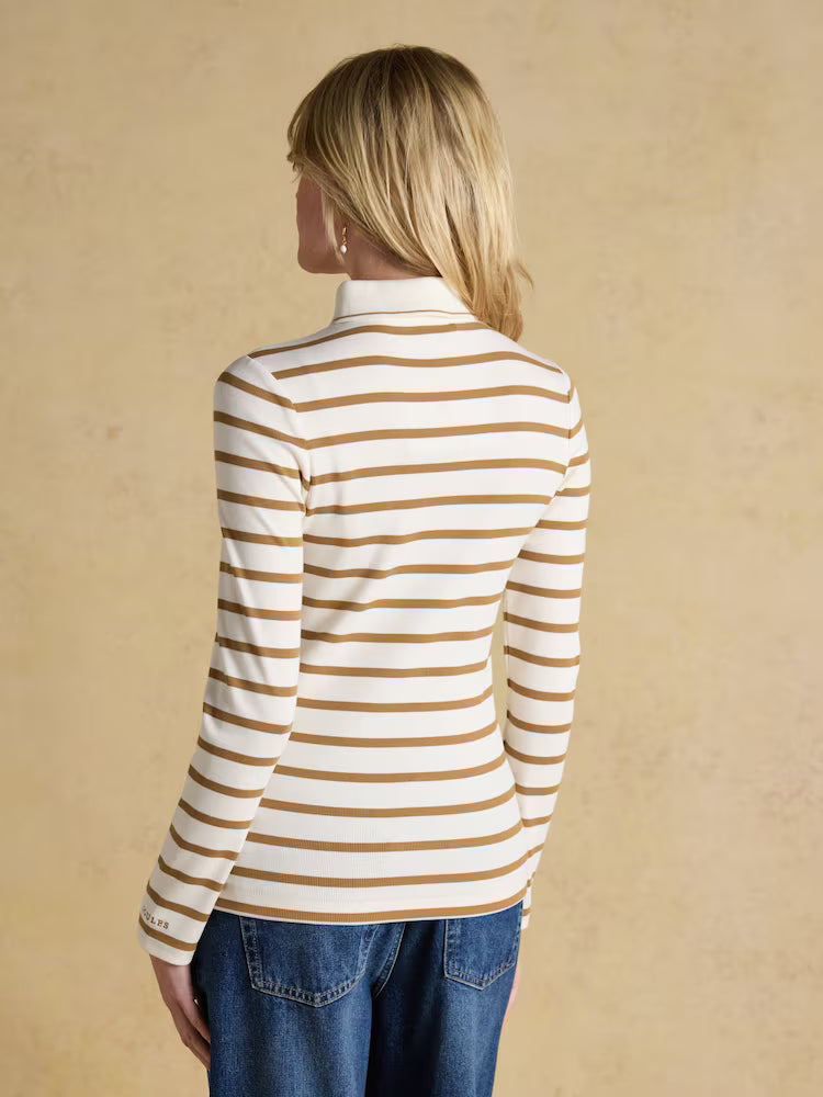 Joules Fairfield Jonty Ribbed Long Sleeve Striped Polo Top Tan Stripe