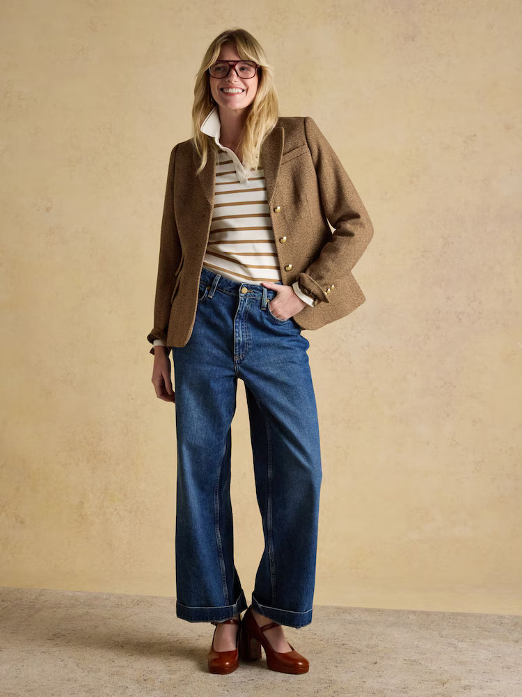 Joules Fairfield Jonty Ribbed Long Sleeve Striped Polo Top Tan Stripe