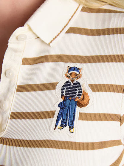 Joules Fairfield Jonty Ribbed Long Sleeve Striped Polo Top Tan Stripe