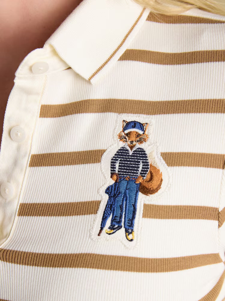 Joules Fairfield Jonty Ribbed Long Sleeve Striped Polo Top Tan Stripe