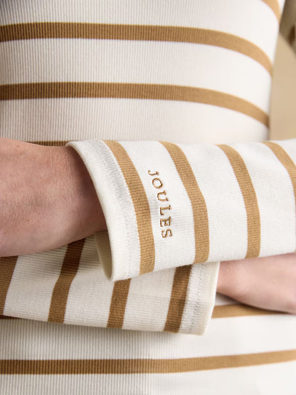 Joules Fairfield Jonty Ribbed Long Sleeve Striped Polo Top Tan Stripe