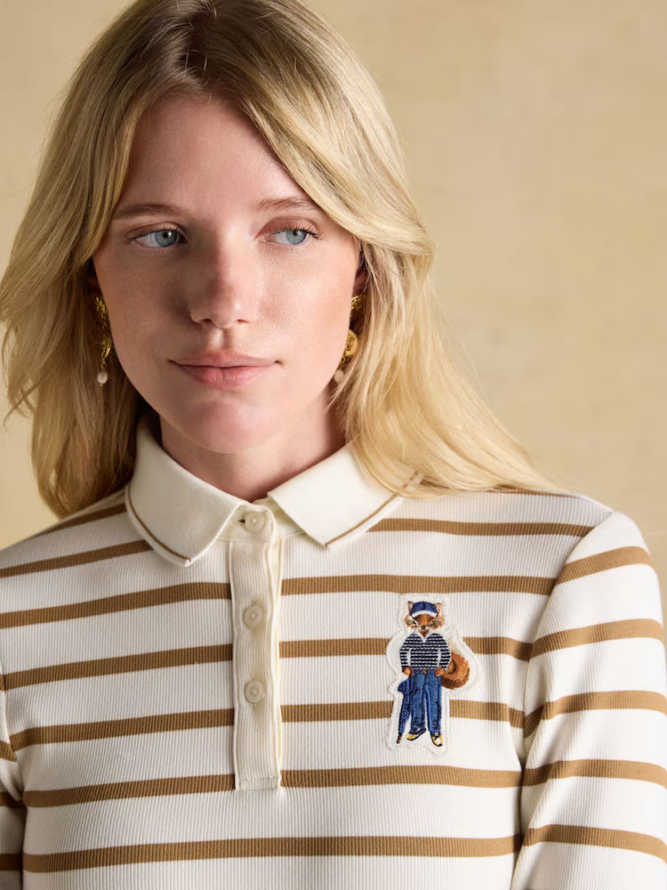 Joules Fairfield Jonty Ribbed Long Sleeve Striped Polo Top Tan Stripe