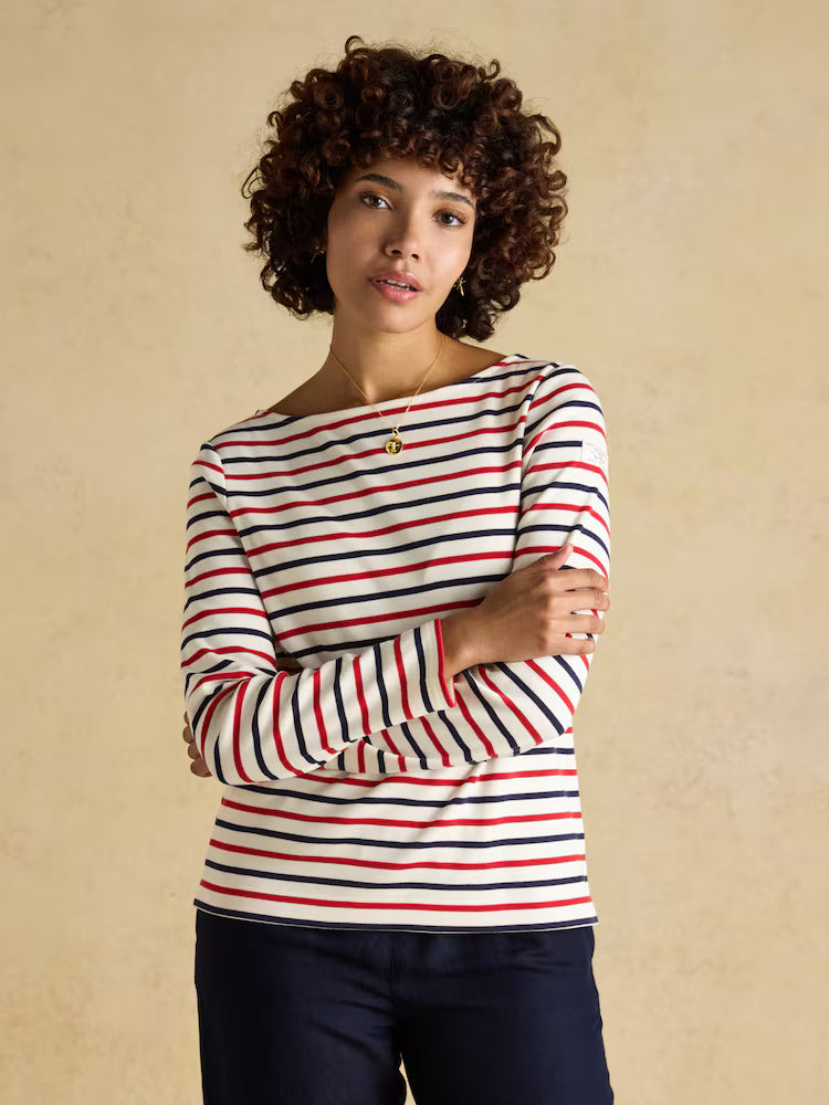 Joules Harbour Navy & Red Striped Boat Neck Long Sleeve Breton Top