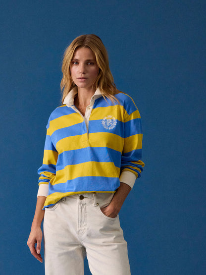 Joules Lara Yellow and Blue Stripe Boxy Fit Rugby Shirt - T-Shirts, Polos & Tops Clothing Leisure Wear UK 8