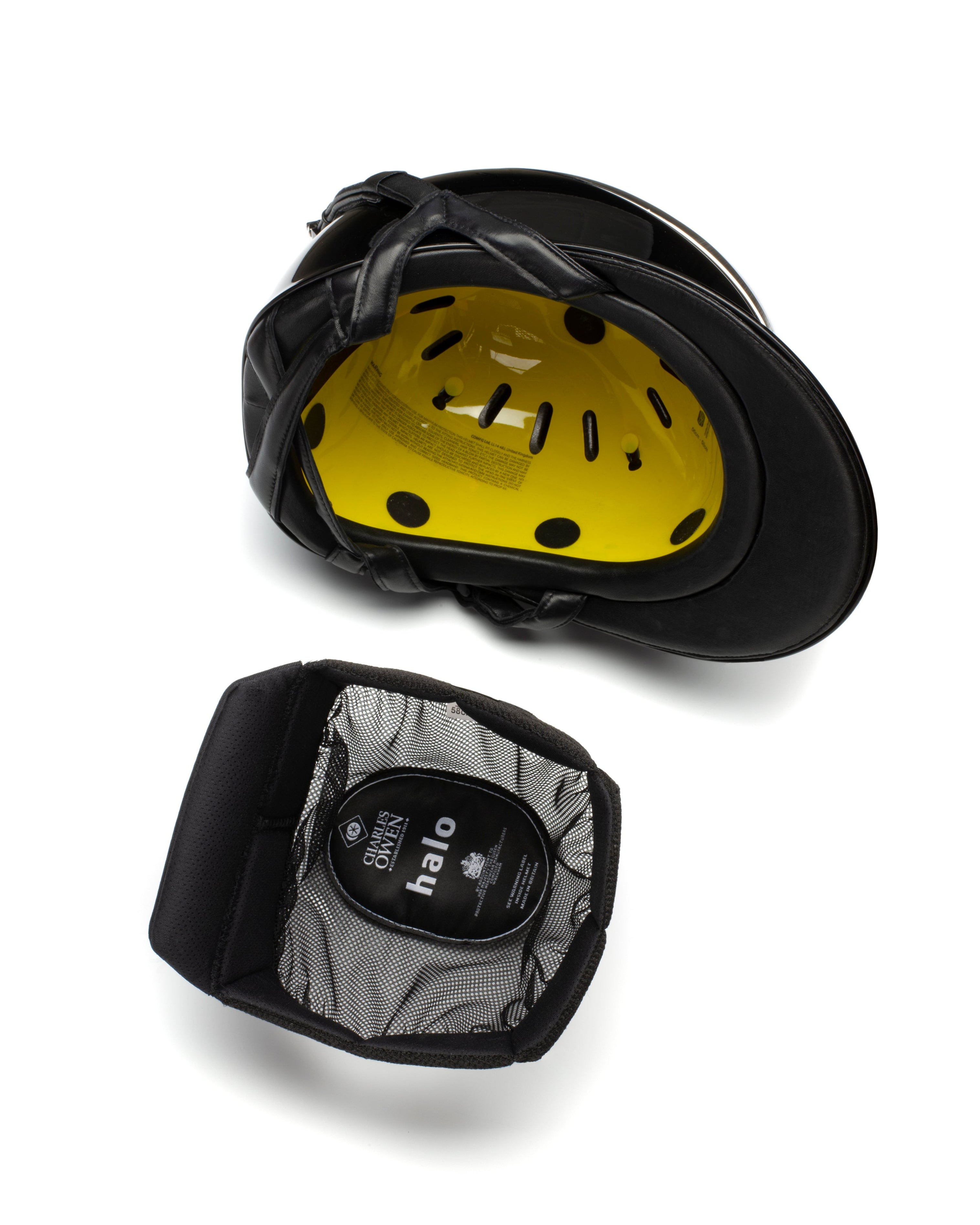 Charles Owen Halo Riding Helmet Components: Black Equestrian Helmet & Liner, Inside View, Safety Gear, MIPS Option Available