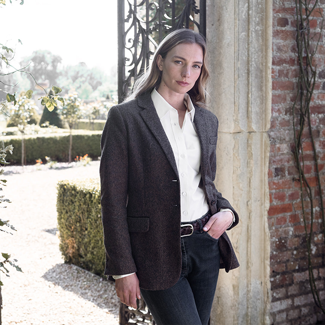 TOGGI Harvard Tweed Blazer Jacket for women, fitted, elegant country style with horn buttons and faux suede trim.