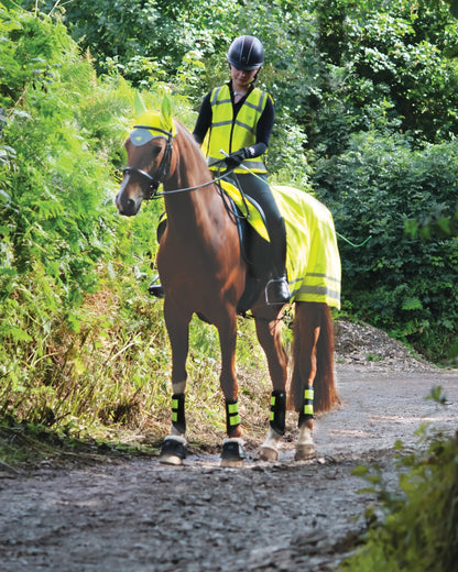 Horse and Rider with Woof Wear Hi Vis Exercise Sheet from Equiflair, Hi Viz Yellow Reflective Safety Gear