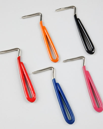 Equiflair Hoof Picks: Fuchsia, Red, Blue, Orange, Black. Equine hoof cleaning tools for horse care and maintenance.