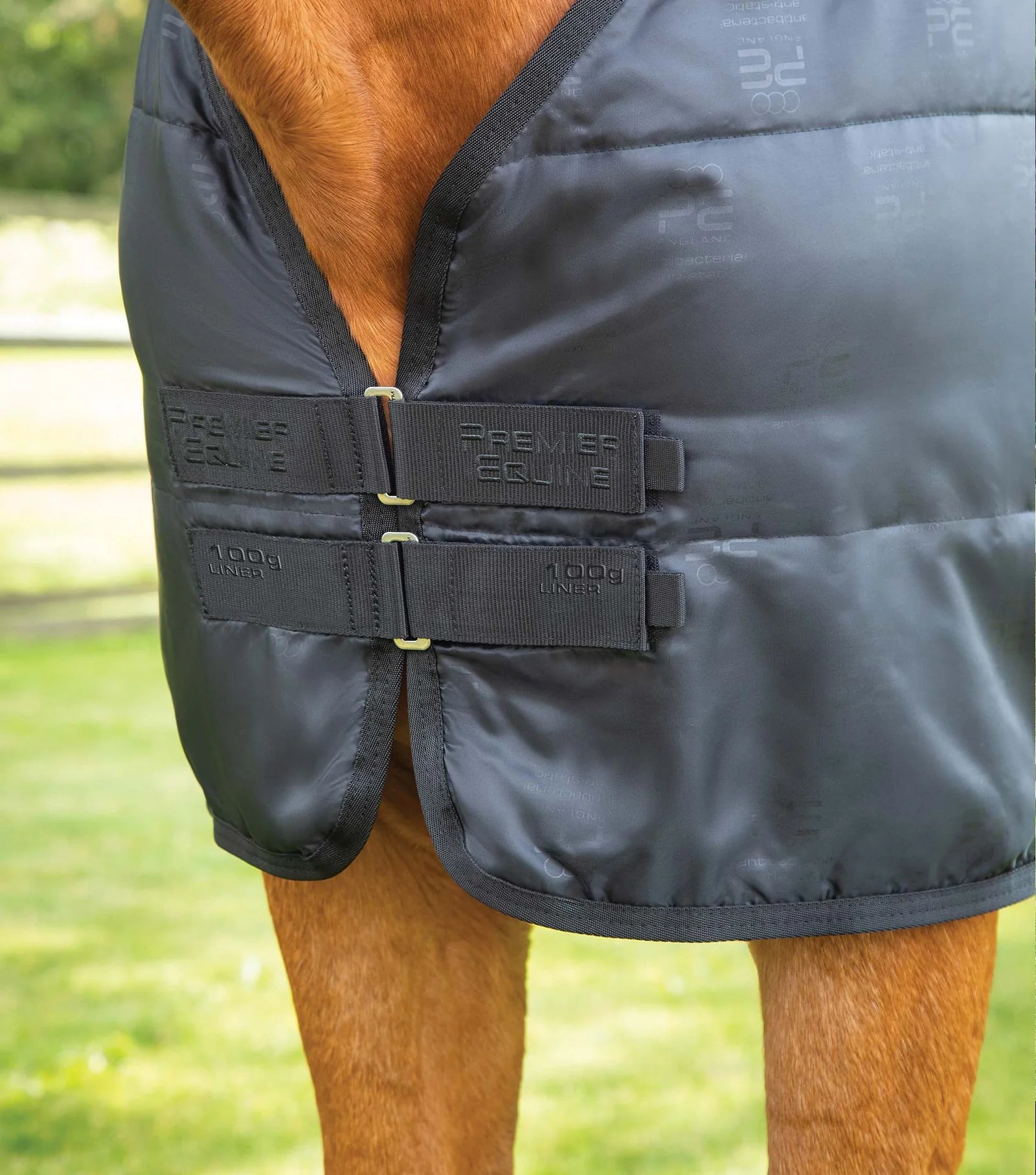 Premier Equine 100g Black Horse Rug Liner: Close-up view of the liner attached to a horse.