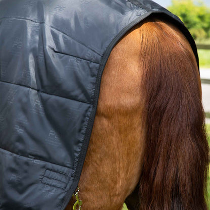 Horse wearing a Premier Equine 200g quilted rug liner - Black color. Part view of horse with blanket.