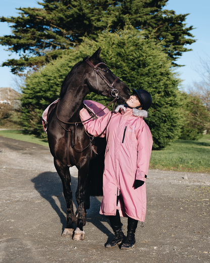 EQUIDRY Evolution Lux Women's Warm Waterproof Winter Horse Riding Coat Thick Fleece Lining with Faux Fur Trim Hood dusky pink with horse and matching exercise sheet
